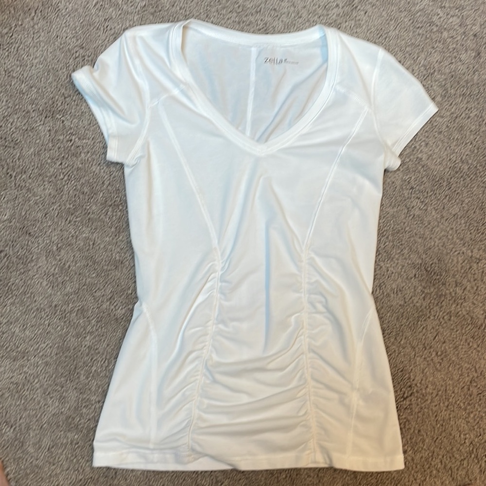 Zella white ruched shirt sleeve v neck tee medium top tshirt